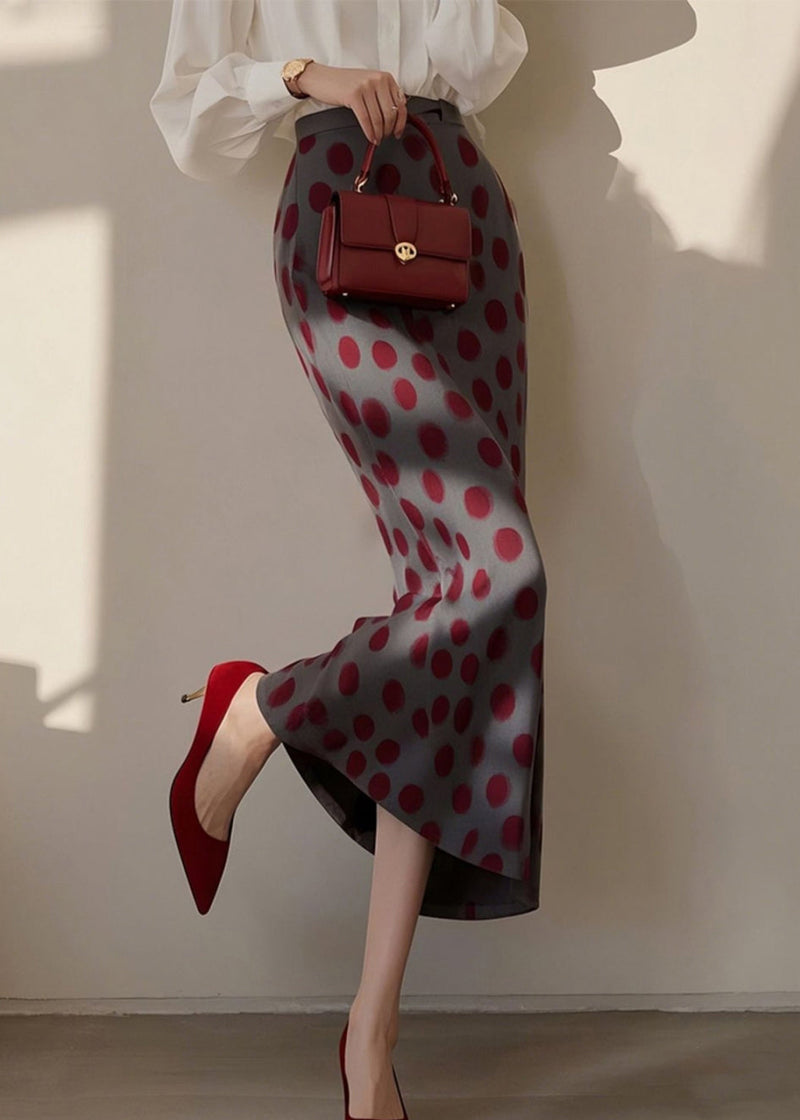 Dark Grey Dot Print High Waist Cotton Skirts Spring