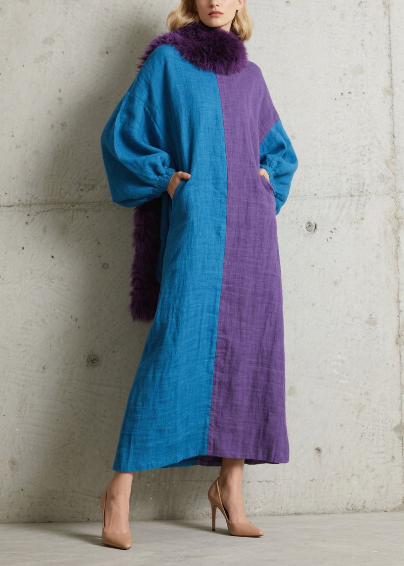 Colorblock Asymmetrical Patchwork Cotton Maxi Dresses Puff Sleeve