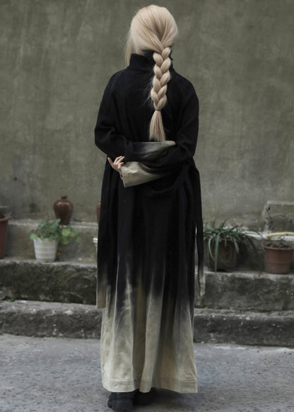 Gradient Color Tie Waist Pockets Denim Long Coats Long Sleeve