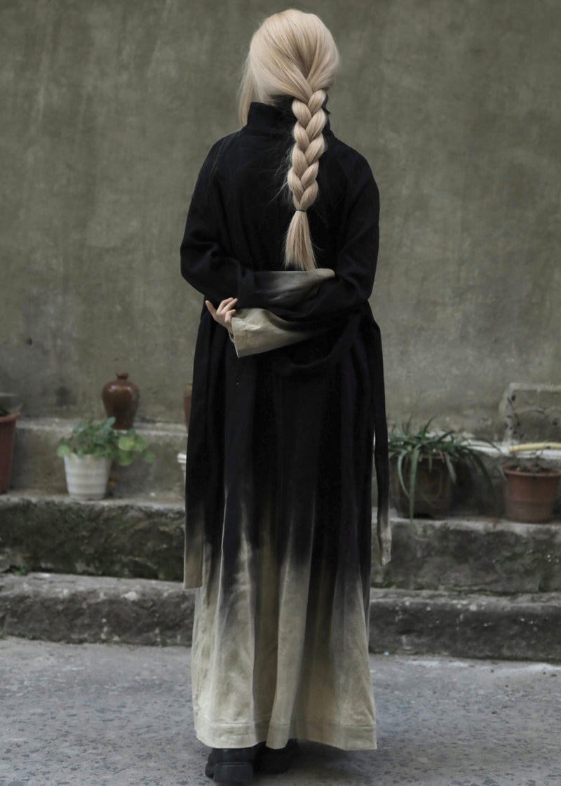 Gradient Color Tie Waist Pockets Denim Long Coats Long Sleeve
