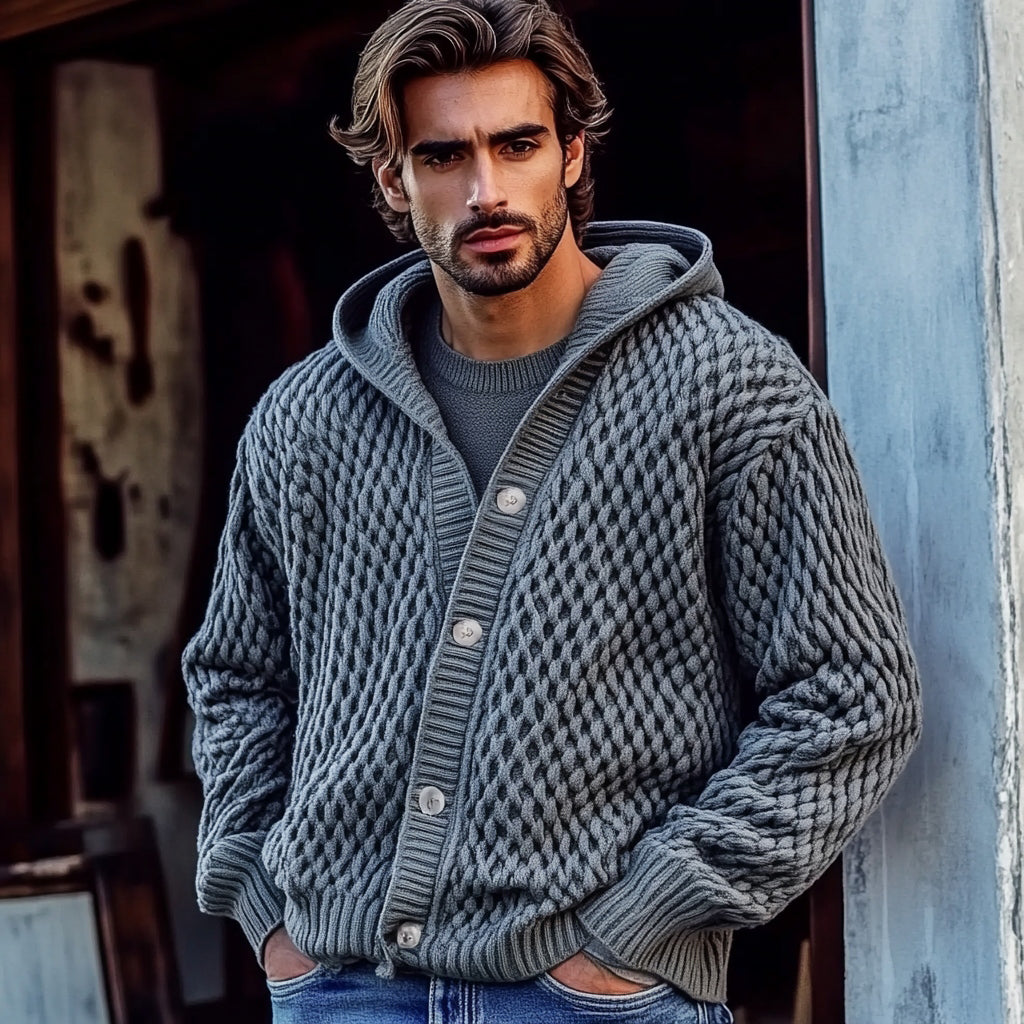 Men'S Waffle Braid Hooded Button Down Sweater elevenforest