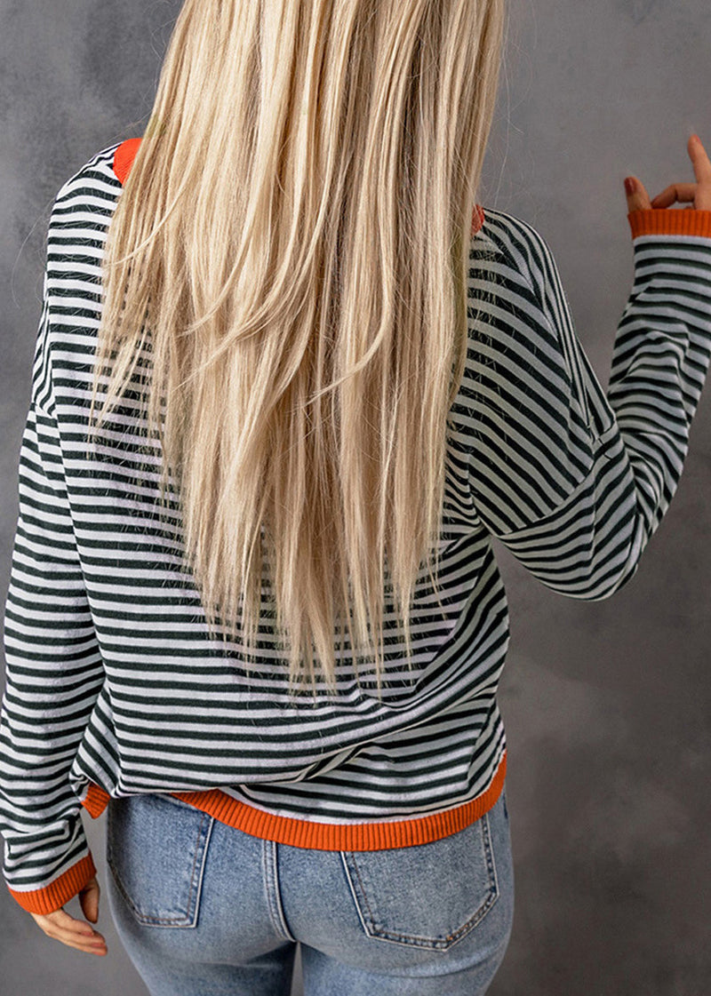 Boutique O Neck Striped Patchwork Knit Tops Long Sleeve