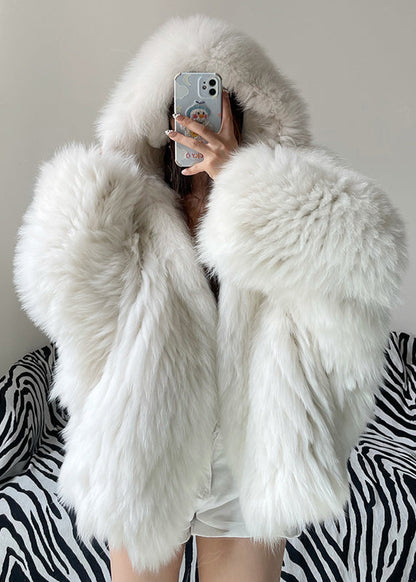 White Hooded Fine Fox Fur Jacket Winter