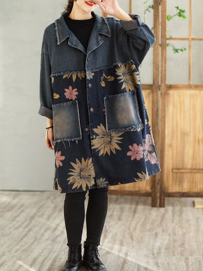 Spring Spliced Plaid Pocket Denim Coat