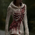 Comstylish Women's Halloween Skeleton Blood Rose Art Knitted Hoodie Sweater