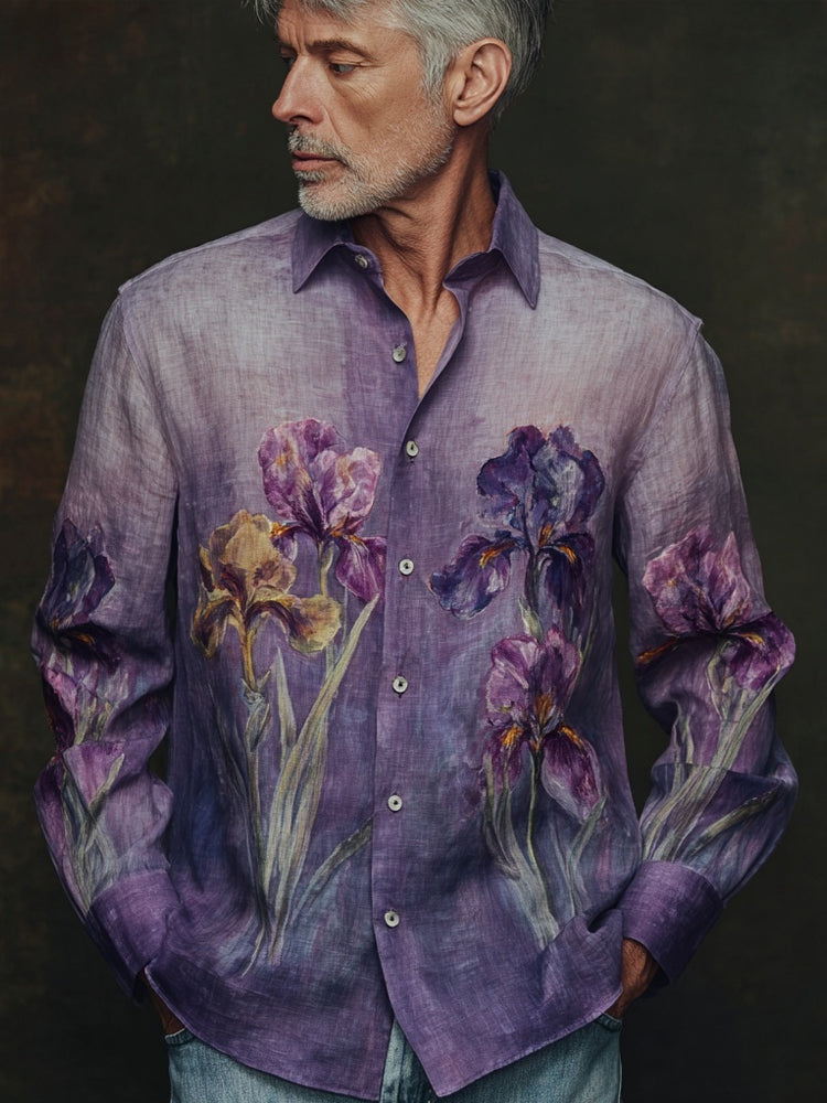 Men's Vintage Purple Irises Embroidered Gradient Linen Shirt elevenforest