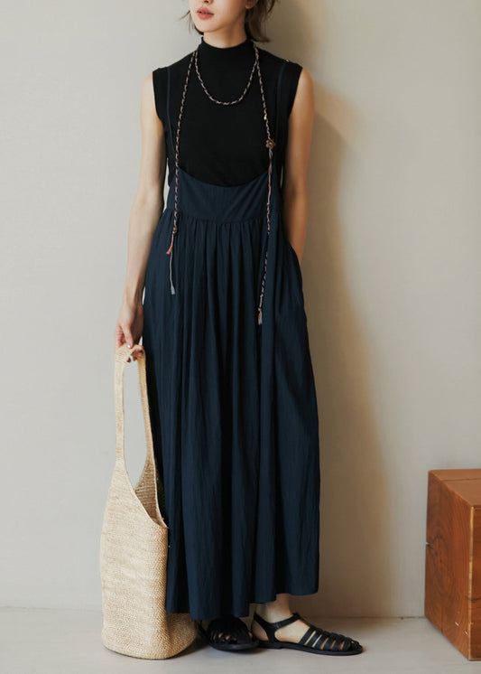 Navy Pockets Wrinkled Cotton Spaghetti Strap Dress Summer