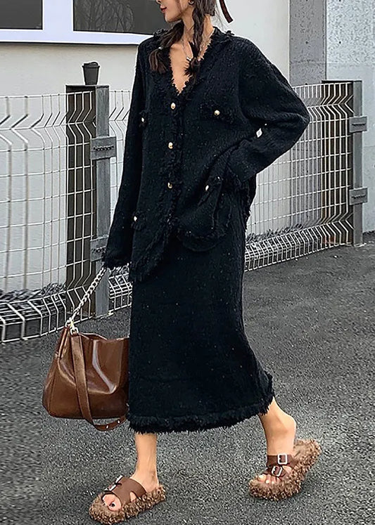 Black V Neck Knit Cardigans and Skirts Two Piece Set Winter