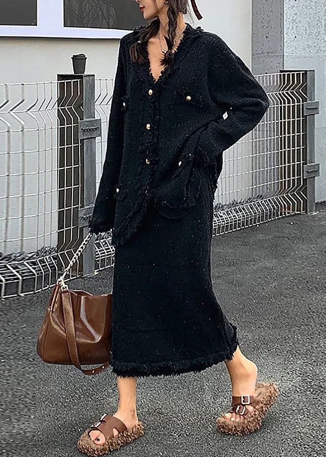 Black V Neck Knit Cardigans and Skirts Two Piece Set Winter