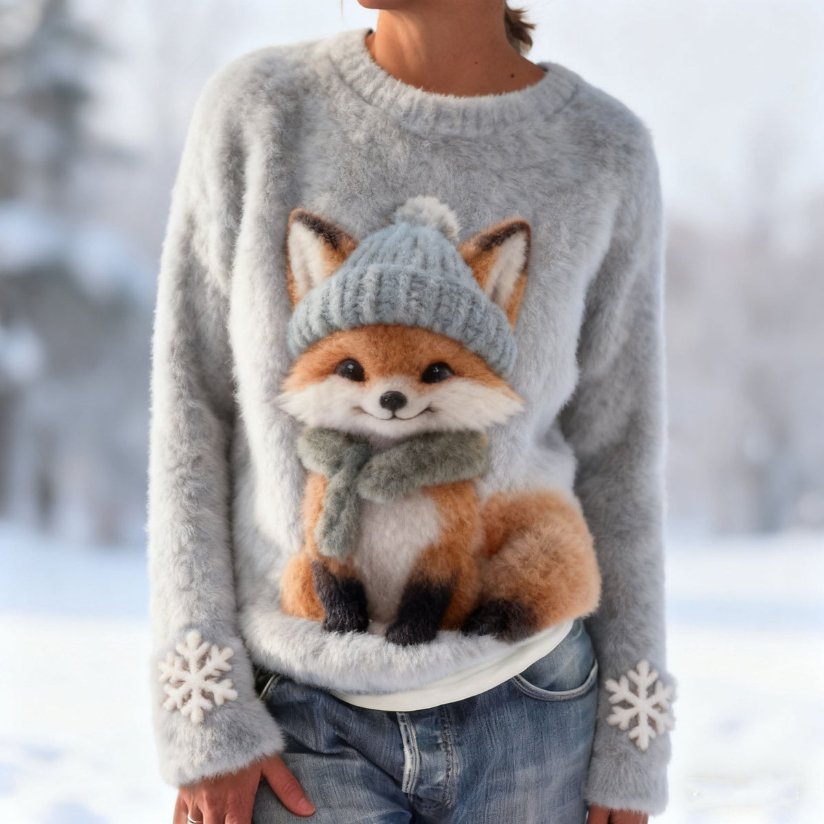 Cute Fluffy Fox Pattern Warm Pullover Sweater artswardrobe