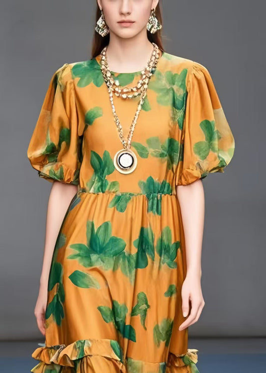 Unique Orange Ruffled Print Chiffon Long Dresses Summer