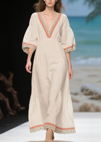 Handmade White Puff Sleeve Patchwork Linen Long Dress