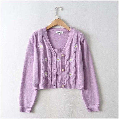 Flower Embroidery Short Loose Cardigan Top Coat 7212