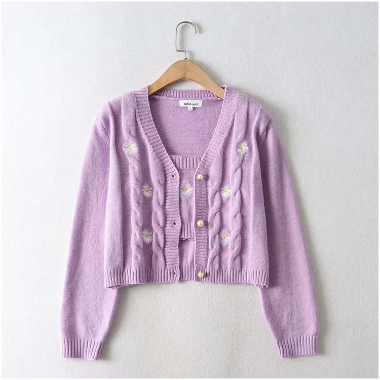 Flower Embroidery Short Loose Cardigan Top Coat 7212