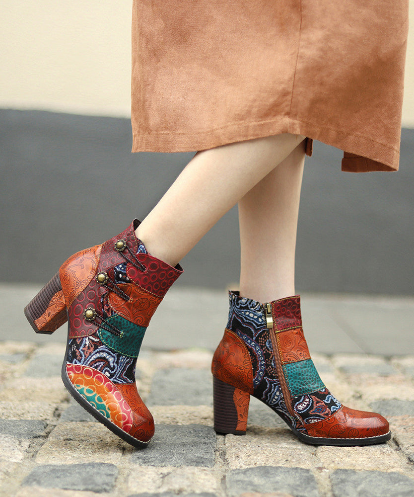 Brown Embossed Splicing Chunky Heel Boots
