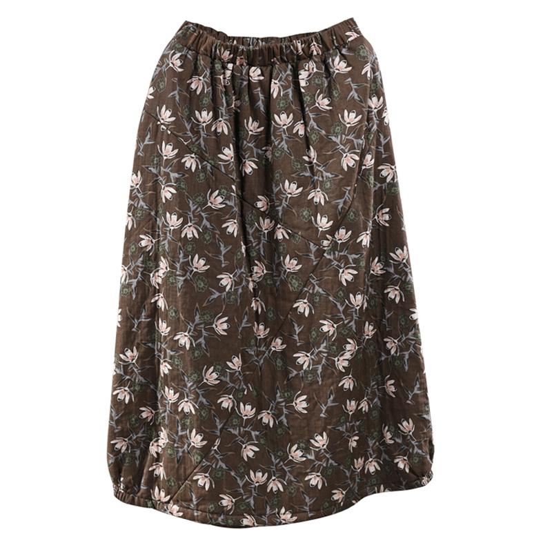 Retro Cotton Linen Quilted Thick Print Skirt