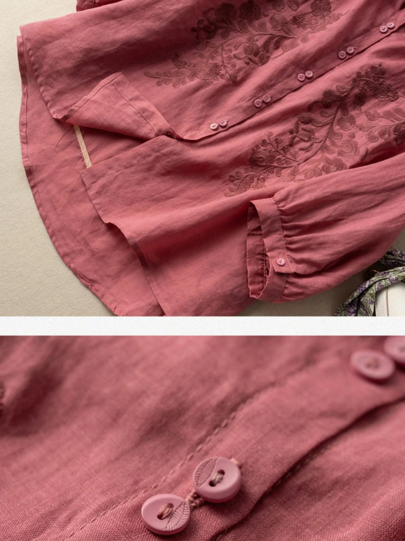 Embroidered 3/4 Sleeve Linen Shirt Top