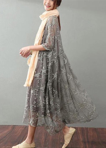 Gray Maxi Dress Lace Gown Top Quality Bracelet Sleeved Gown ( Limited Stock)