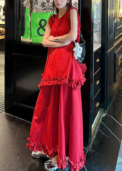 New Red Ruffled Tops and Skirts Cotton Two Piece Set Sleeveless