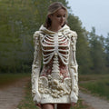 Comstylish Women's Vintage Halloween Skeleton Bones With Glitter And Rose Art Cozy Knit Hooded Sweater Dress