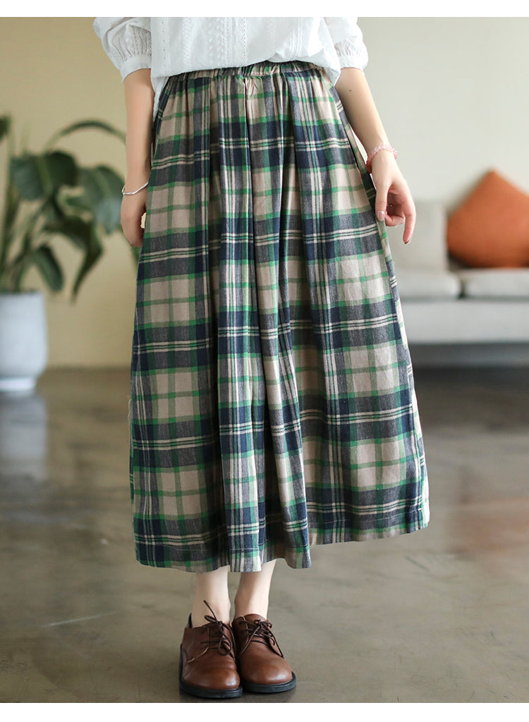 Cotton and Linen Check Elastic High Waist A-line Skirt