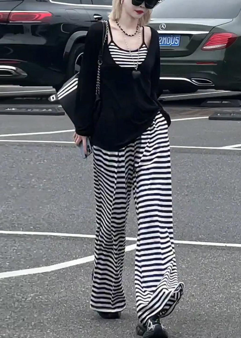 Striped Black Tops and Wide Leg Pants Cotton Three-piece Set Fall
