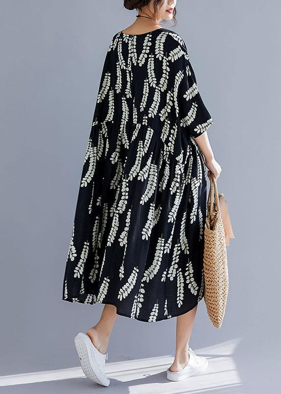 Natural Black Prints Cotton Tunics V Neck a Line Summer Dresses