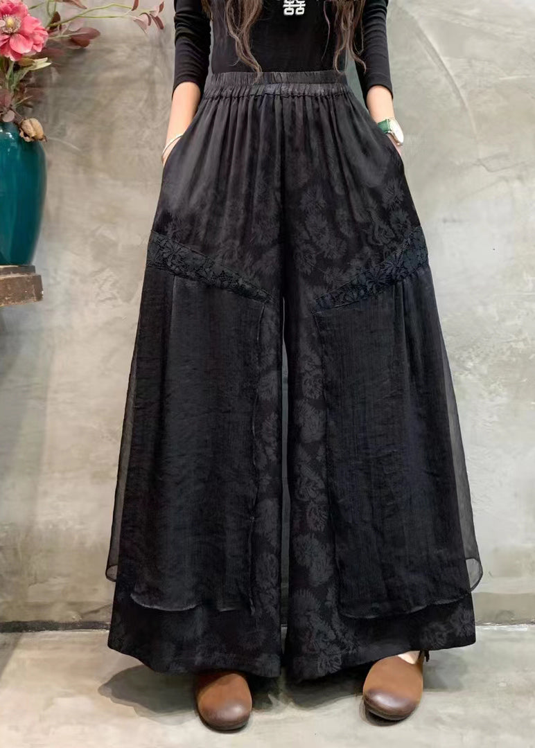 Black Embroidered Pockets Patchwork Linen Silk Pants Summer