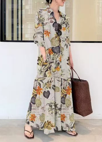 Orange Oversized Print Linen Holiday Dress Fall