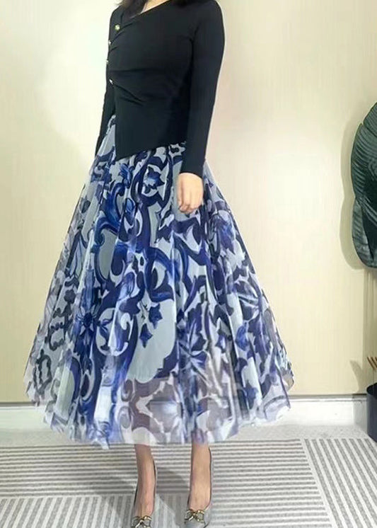 Blue High Waist Print Wrinkled Tulle Skirt Spring