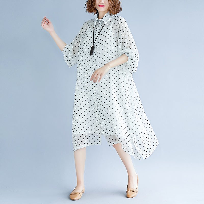 Style White Maxi Dresses Turn-down Collar Long Sleeve Prom Dress Dotted Baggy Dresses Maxi Dress