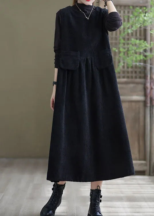 Black Pockets Corduroy Robe Dresses Sleeveless