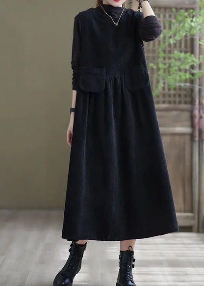 Black Pockets Corduroy Robe Dresses Sleeveless