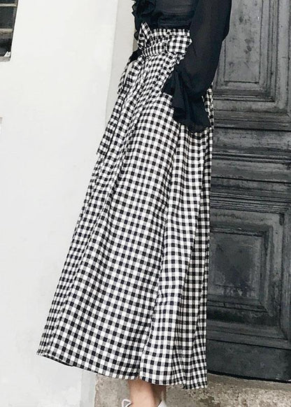 Natural Black White Plaid Bow a Line Summer Skirt Cotton