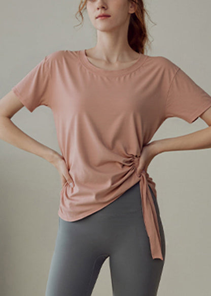 Pink O-neck Short Sleeve Loose Yoga Tops