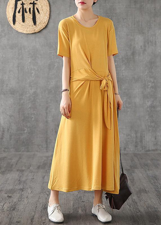 O Neck Bow Cotton Dress Yellow Traveling Dresses Summer
