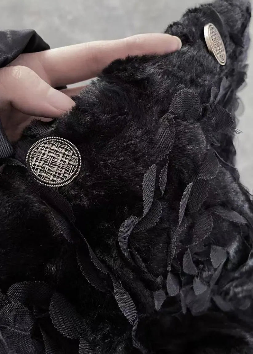 Black O-neck Button Fuzzy Fur Fluffy Coats Spring