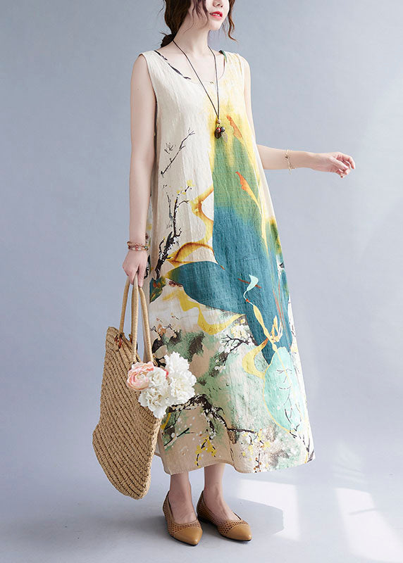 Beige Print O-neck Linen Vacation Dresses Summer