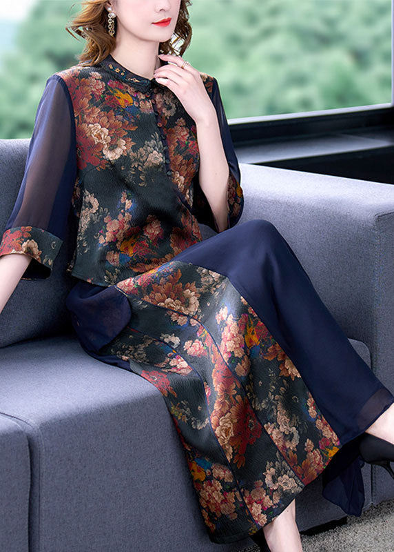 Blue Hollow Out Patchwork Print Silk Tops and Skirts Two Pieces Set Half Sleeve