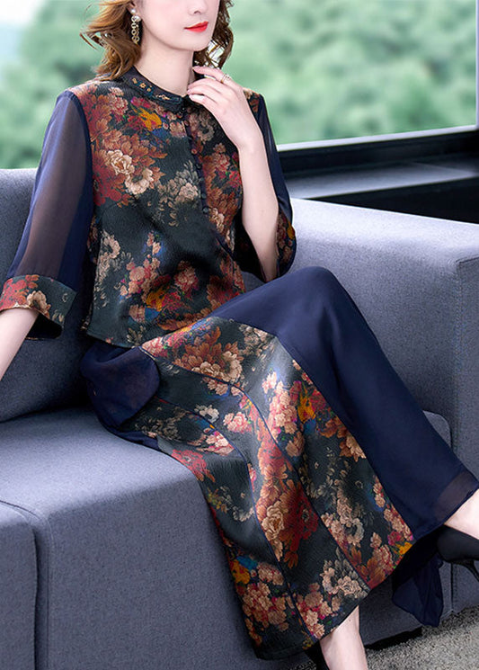 Blue Hollow Out Patchwork Print Silk Tops and Skirts Two Pieces Set Half Sleeve
