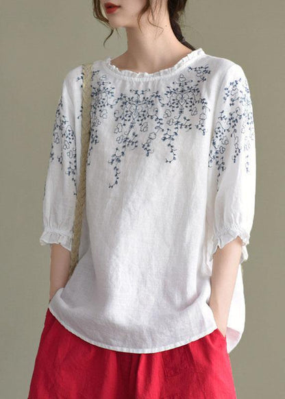 Handmade Navy Lantern Sleeve O-neck Embroidered Summer Cotton Blend Blouses