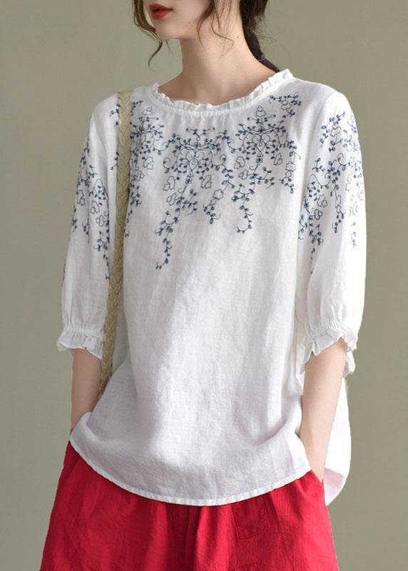 Handmade Navy Lantern Sleeve O-neck Embroidered Summer Cotton Blend Blouses