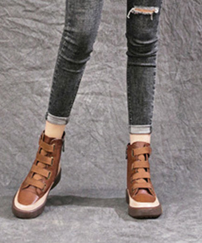 Brown Lace Up Platform Boots Splicing Cowhide Leather Ankle Boots