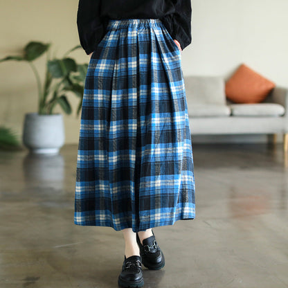 Cotton and Linen Check Elastic High Waist A-line Skirt