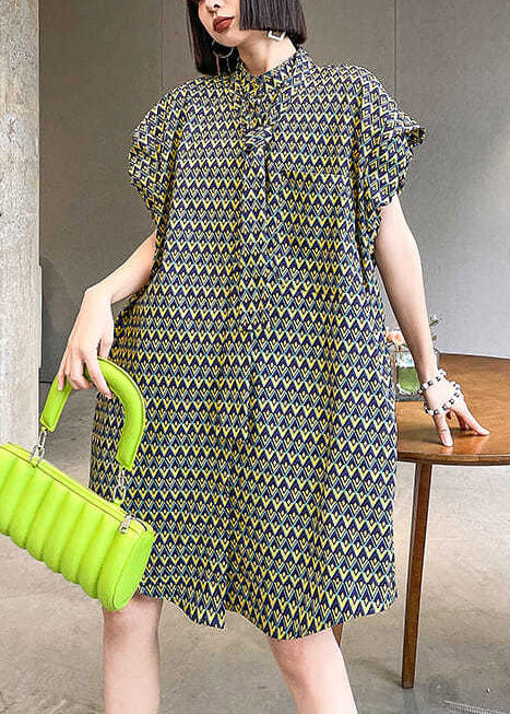 Stand Collar Print Cotton Day Dress Puff Sleeve