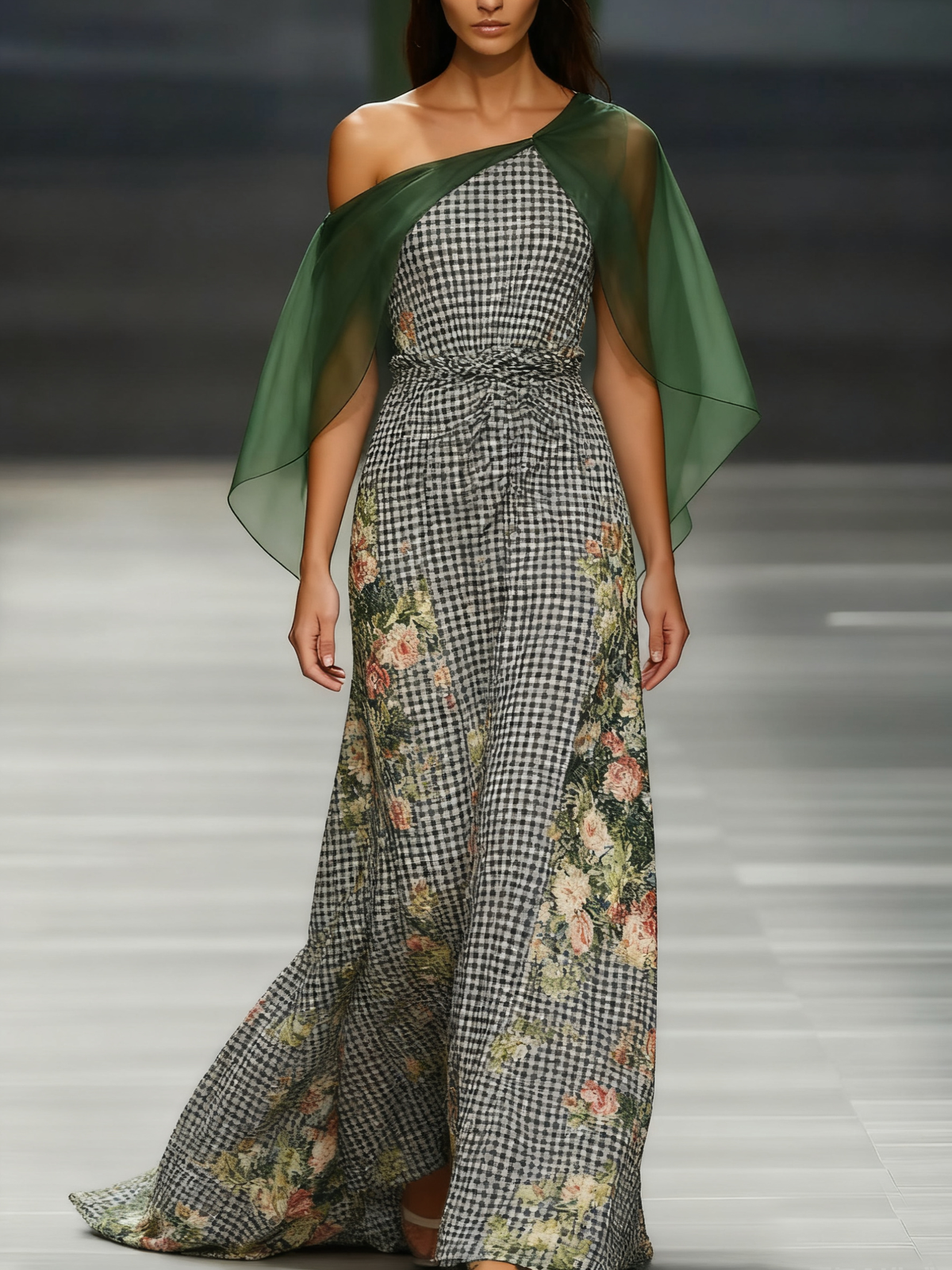 Women's off-the-shoulder long-sleeved green chiffon dress