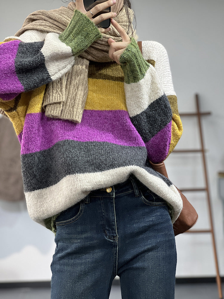 Rainbow Striped Knit Insulated Crewneck Sweater