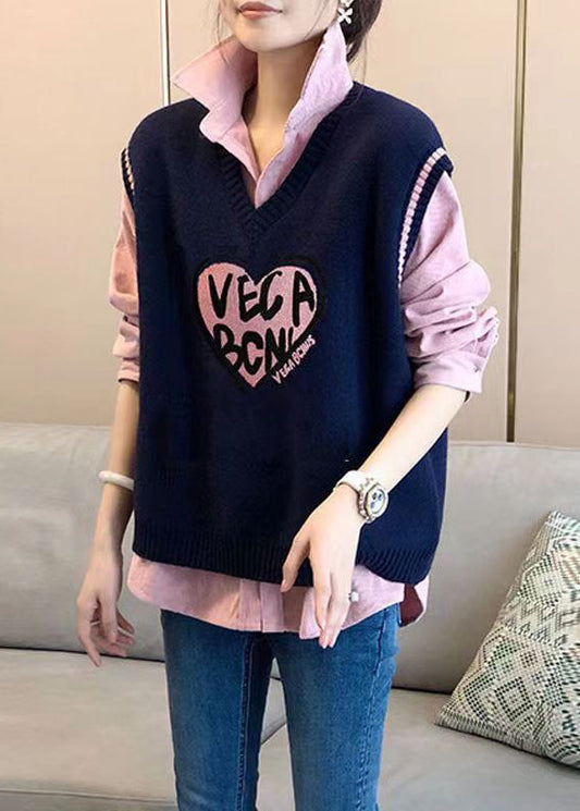 Modern Pink Shirts and Navy Vest Knit Two Pieces Set Fall