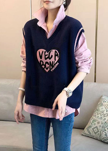 Modern Pink Shirts and Navy Vest Knit Two Pieces Set Fall