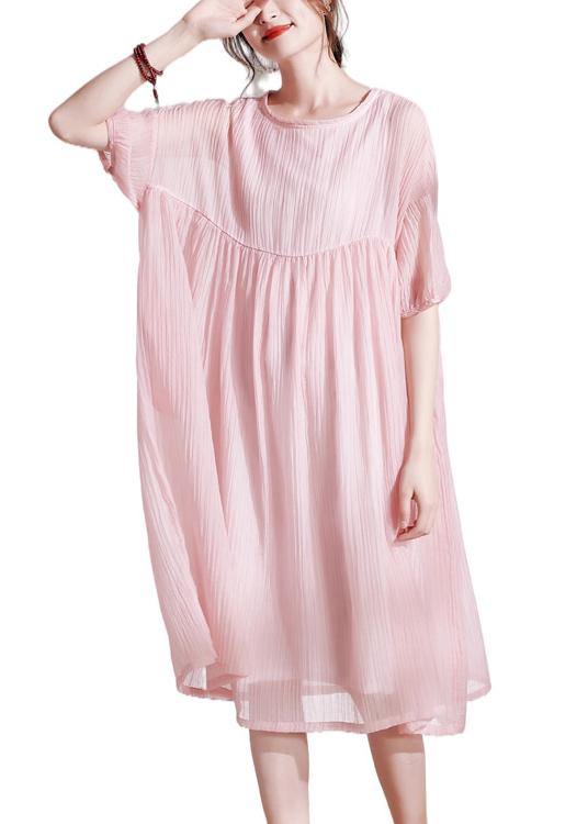 Pink O-neck Patchwork Summer Cotton Maxi Dresses Half Sleeve